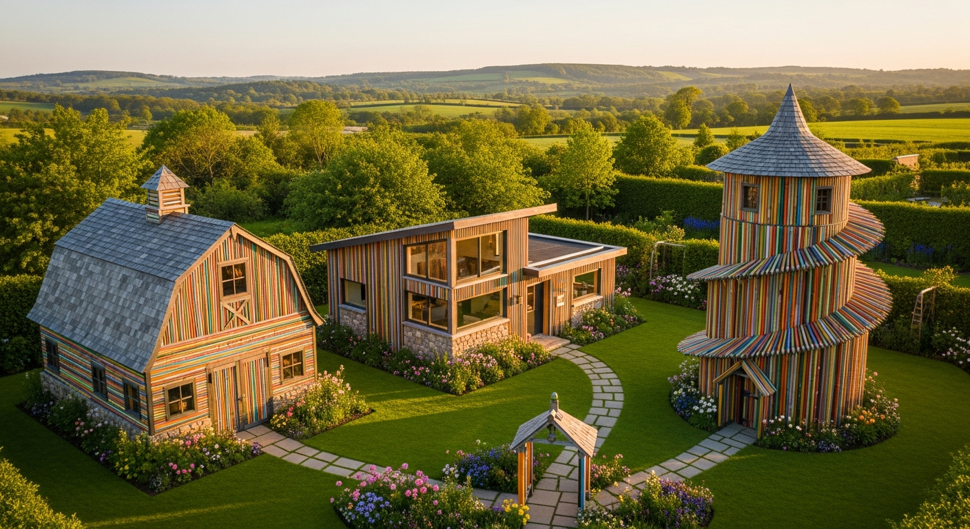 Collection of pencil sheds in a garden